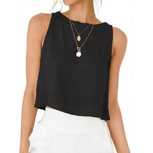 NWT Black Linen Crop Tank Top High Neck Summer Sleeveless Cotton Blend Large